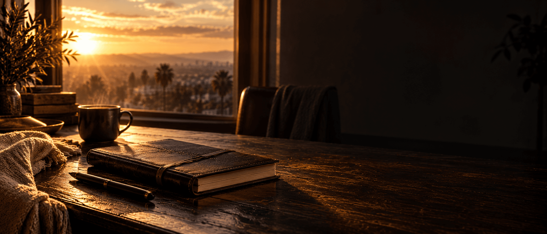A quiet writing nook illuminated by golden morning light